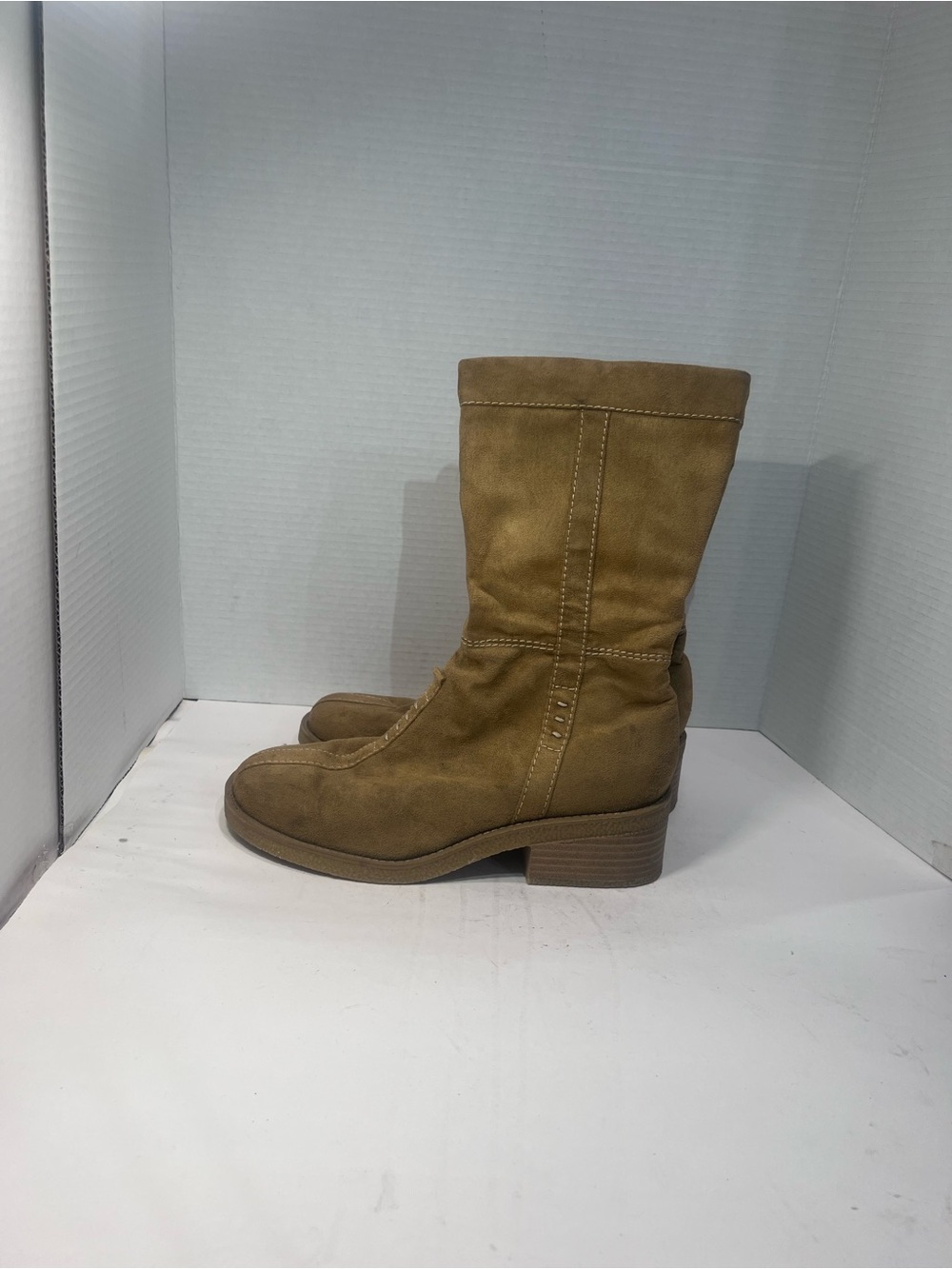 LOWER EAST SIDE Tan Suede Mid-Calf Block Heel Boots